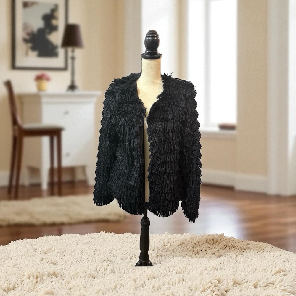 Chic Black Textured Fringe Open Front Jacket – One Size